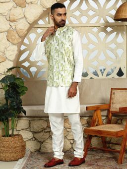 Kraft India - Cream Kurta and Churidar with Tie-Dye Green Nehru Jacket (Set of 3)