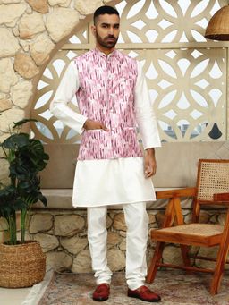 Kraft India - Silk Blend Solid Cream Kurta and Churidar with Tie-Dye Wine Nehru Jacket (Set of 3)