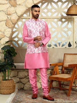 Kraft India - Silk Blend Solid Pink Kurta and Churidar with Tie-Dye Wine Nehru Jacket (Set of 3)