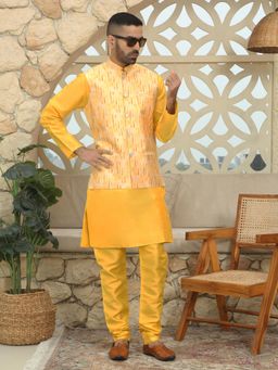Kraft India - Yellow Kurta and Churidar with Tie-Dye Yellow Nehru Jacket (Set of 3)