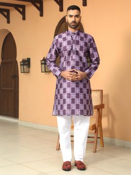 Kraft India - Batik Printed Silk Blend Mandarin Neck Purple Kurta with Pyjama (Set of 2)