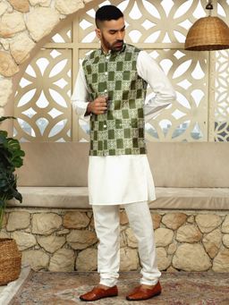 Kraft India - Cream Kurta and Churidar with Green Printed Nehru Jacket (Set of 3)