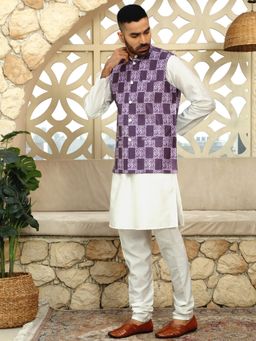 Kraft India - Cream Kurta and Churidar with Purple Printed Nehru Jacket (Set of 3)