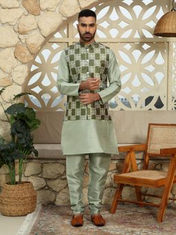 Kraft India - Olive Kurta and Churidar with Green Printed Nehru Jacket (Set of 3)