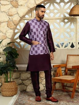 Kraft India - Silk Blend Solid Purple Kurta and Churidar with Printed Nehru Jacket (Set of 3)