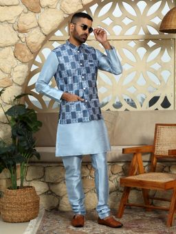 Kraft India - Silk Blend Solid Sky Blue Kurta and Churidar with Printed Nehru Jacket (Set of 3)