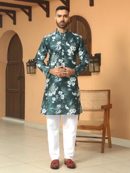 Kraft India - Floral Printed Green Mandarin Neck Silk Blend Kurta with Pyjama (Set of 2)