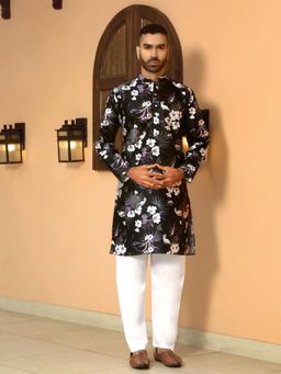 Kraft India - Floral Printed Wine Mandarin Neck Silk Blend Kurta with Pyjama (Set of 2)