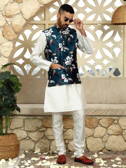 Kraft India - Silk Blend Solid Cream Kurta and Churidar with Floral Blue Nehru Jacket (Set of 3)