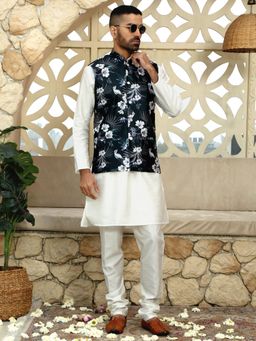 Kraft India - Silk Blend Solid Cream Kurta and Churidar with Floral Green Nehru Jacket (Set of 3)