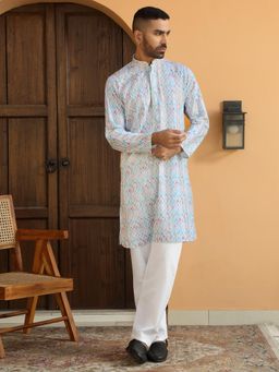 Kraft India - Ethnic Motifs Chikankari Cotton Turquoise Blue Kurta with Pyjama (Set of 2)