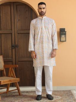 Kraft India - Ethnic Motifs Chikankari Cotton Yellow Kurta with Pyjama (Set of 2)