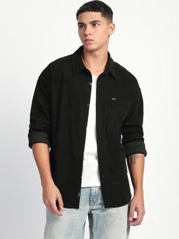 The Bear House - Mens Black Stripes Corduroy Oversized Fit Long Sleeve Shirt