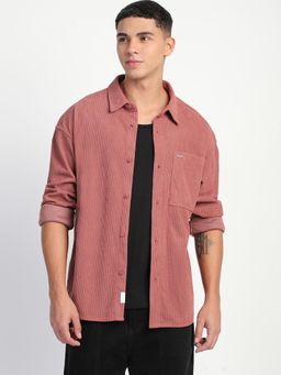 The Bear House - Mens Pink Stripes Corduroy Oversized Fit Long Sleeve Shirt