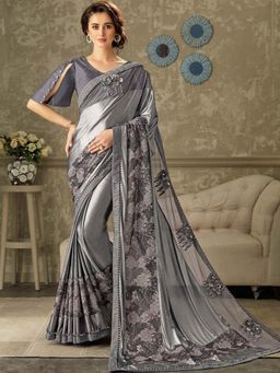 Odette - Grey Lycra Designer Saree with Unstitched Blouse