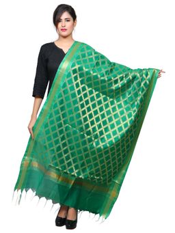 Banjara India - Women Green Banarasi Kora Silk Woven Checks Dupatta