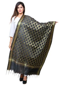 Banjara India - Women Black Banarasi Kora Silk Woven Checks Dupatta