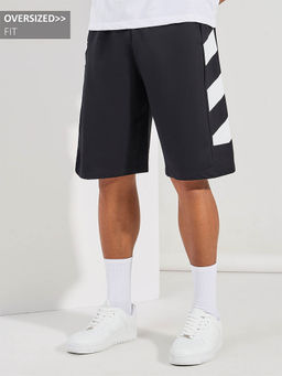 Styli - Men Black Oversized Cotton Terry Block Stripe Shorts
