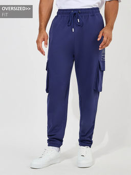 Styli - Men Navy Blue Solid Oversized Cargo Cotton Joggers