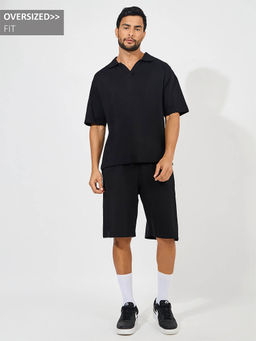 Styli - Men Black Heavy Cotton Jersey Oversized Polo Co-ord (Set of 2)
