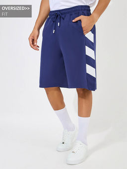 Styli - Men Blue Oversized Cotton Terry Block Striped Shorts