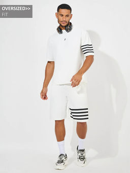 Styli - Men White Oversized Stretch Pique Knit Tee with Hem Striped Shorts (Set of 2)