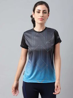 Dpassion - Women Blue Printed Round Neck Half Sleeve Polyester T-Shirt