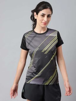 Dpassion - Women Black Printed Round Neck Half Sleeve Polyester T-Shirt