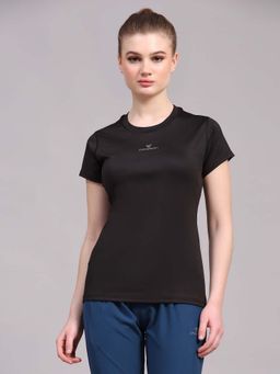 Dpassion - Women Black Quick Dry Compression Gym Round Neck Sports T-Shirt