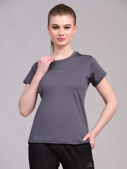 Dpassion - Women Grey Quick Dry Compression Gym Round Neck Sports T-Shirt