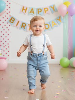 MINI KLUB - Blue Cotton Solid Denim Pant with Suspender