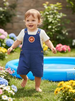 MINI KLUB - Navy Blue Cotton Half Sleeves Solid Dungaree with T-Shirt