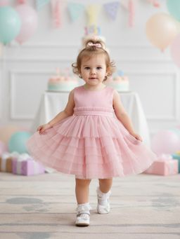 MINI KLUB - Pink Sleeveless Solid Layered Dress