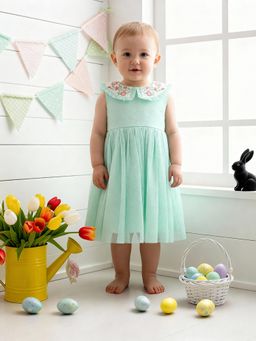 MINI KLUB - Green Sleeveless Floral Embroidered Dress