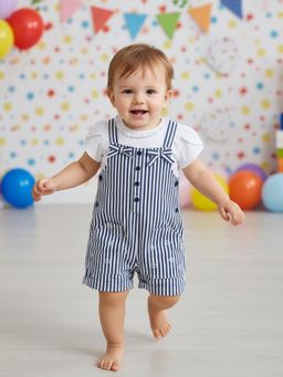 MINI KLUB - Cotton Half Sleeves Stripes Dungaree with Top