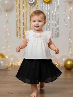 MINI KLUB - White Cotton Half Sleeves Floral Embroidered Top