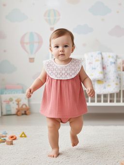MINI KLUB - Peach Cotton Sleeveless Self Design Top