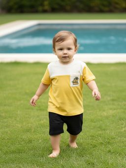 MINI KLUB - White & Yellow Cotton Half Sleeves Colorblock T-Shirt