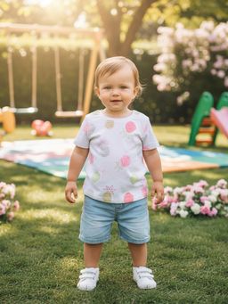 MINI KLUB - White Cotton Half Sleeves Strawberry Printed Top