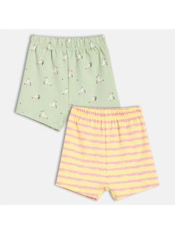 MINI KLUB - Yellow & Green Cotton Birds Printed Stripes Shorts (Pack of 2)