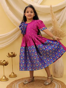 BownBee - Girls Blue Short Sleeves Jacquard Party Dress