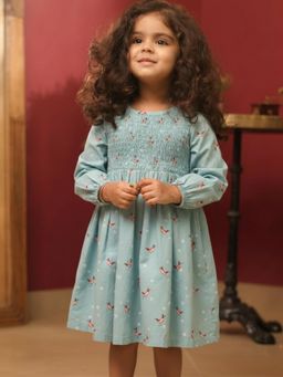 Oh My Bebe - Organic Cotton Baby Girl Floral Smocked Dress with Nappy