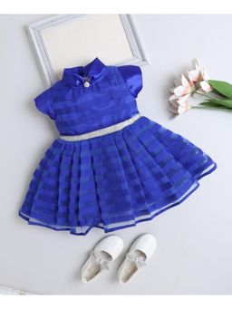 The Magic Wand - Royal Blue Cap Sleeves Stripes Tie Collar Diamond Belt Flared Dress