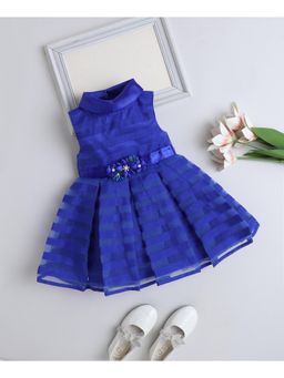 The Magic Wand - Royal Blue Woven Sleeveless Stripes Box Pleated Flared Dress