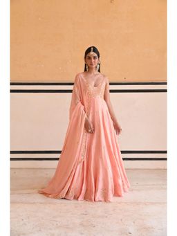 Ease Clothing - Peach Floral Jaal Yoke Embroidered Anarkali with Dupatta (Set of 2)