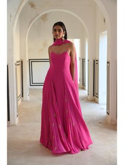 Ease Clothing - Bright Pink Embroidered Anarkali with Dupatta (Set of 2)