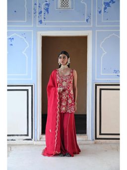 Ease Clothing - Square Neckline Embroidered Short Kurta with Palazzo and Dupatta (Set of 3)