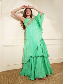 MILU MADAN - Sea Green Crepe Layered Flair Fish Skirt with Cape and Blouse (Set of 3)