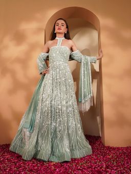 MILU MADAN - Green Gown with Dupatta (Set of 2)