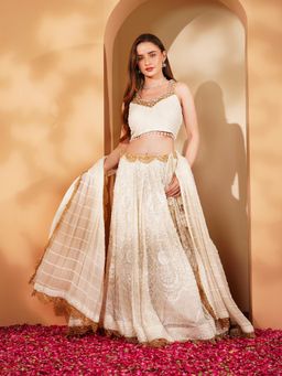 MILU MADAN - White Lehenga with Blouse and Dupatta (Set of 3)
